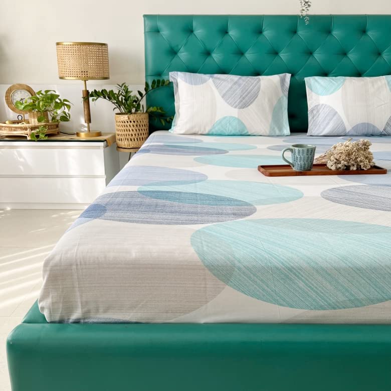 100% Cotton Bedsheet For King Size With 2 Matching Pillow Covers - 108 X 108 Inches, Cream & Blue | Perfect Gifting Weddings, Or Anniversaries | All Season Comfort