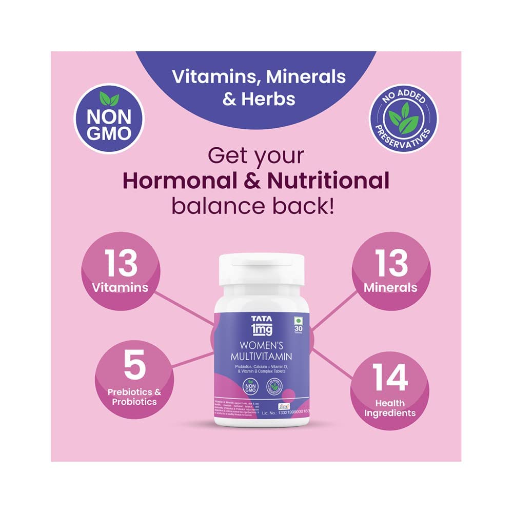 Tata 1mg Womens Multivitamin With Zinc, Vitamin C, D , Calcium & Iron Support Health Protection, Bones & Overall Health | 30 Veg Tablets , 50gm 0.1lbs