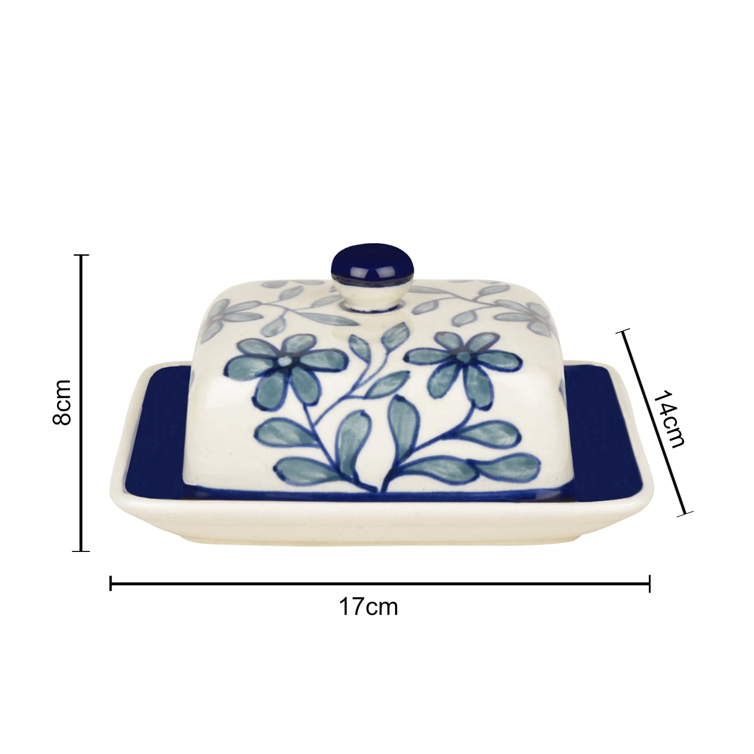 Hand Painted Ceramic Butter Dish With Lid - Blue & White, Height: 8 Cm | Butter Serving Set - Butter Container For 500 Gm