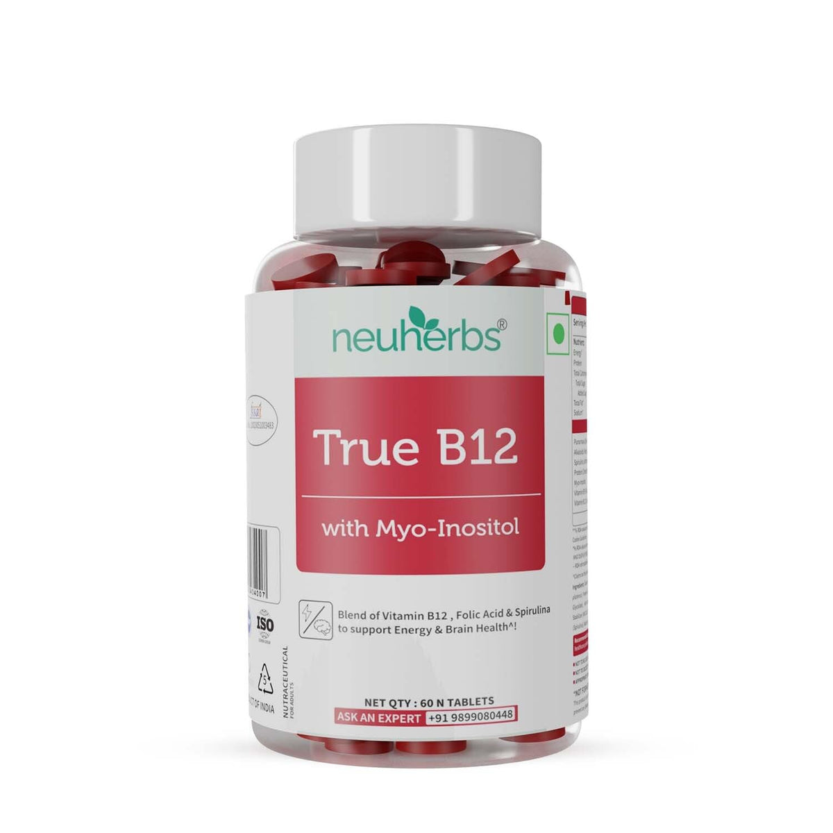 Neuherbs Plant - Based True B12 Supplements For Men & Women , With Myo - Inositol, Folic Acid & Spirulina | Supports Energy, Brain Health & Better Absorption | 60 Tablets , 100gm 0.2lbs