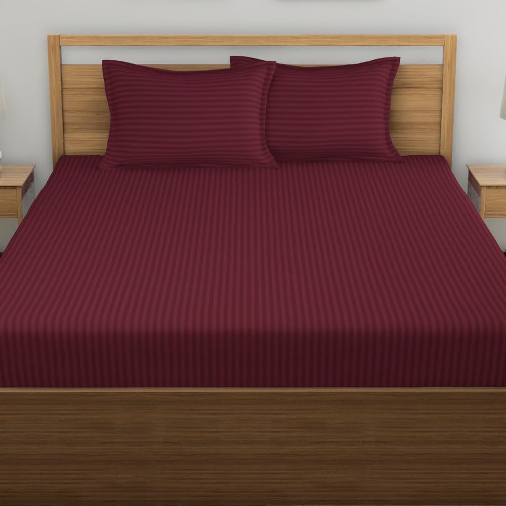 Elastic Fitted Bedsheet For Double Bed With Two Pillow Covers | King Size - 72 X 78 Inches, Wine | Durable & Soft Fabric Offers Comfort