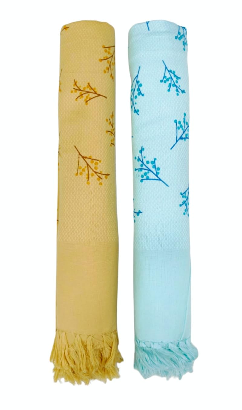 Bombay Dyeing Rimzim 100% Cotton Printed Soft & Slick Quick Drying Bath Towels 500 Gsm (Brown & Blue) - 2 Pcs