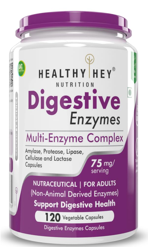 Healthy Hey Nutrition Digestive Enzymes Amylase, Lipase, Protease, Multi Enzyme Complex Tablet | 120 Vegetable Capsules, 200gm 0.4lbs