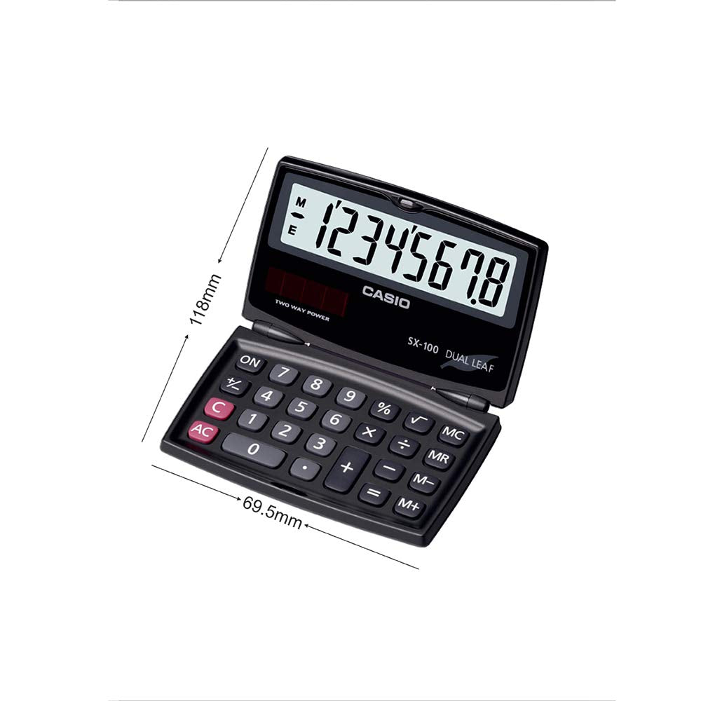 Casio Sx-100-w Portable Calculator With Foldable Design | 8 Digits Large Display Regular Percentage Calculations | Solar Powered, Battery Powered
