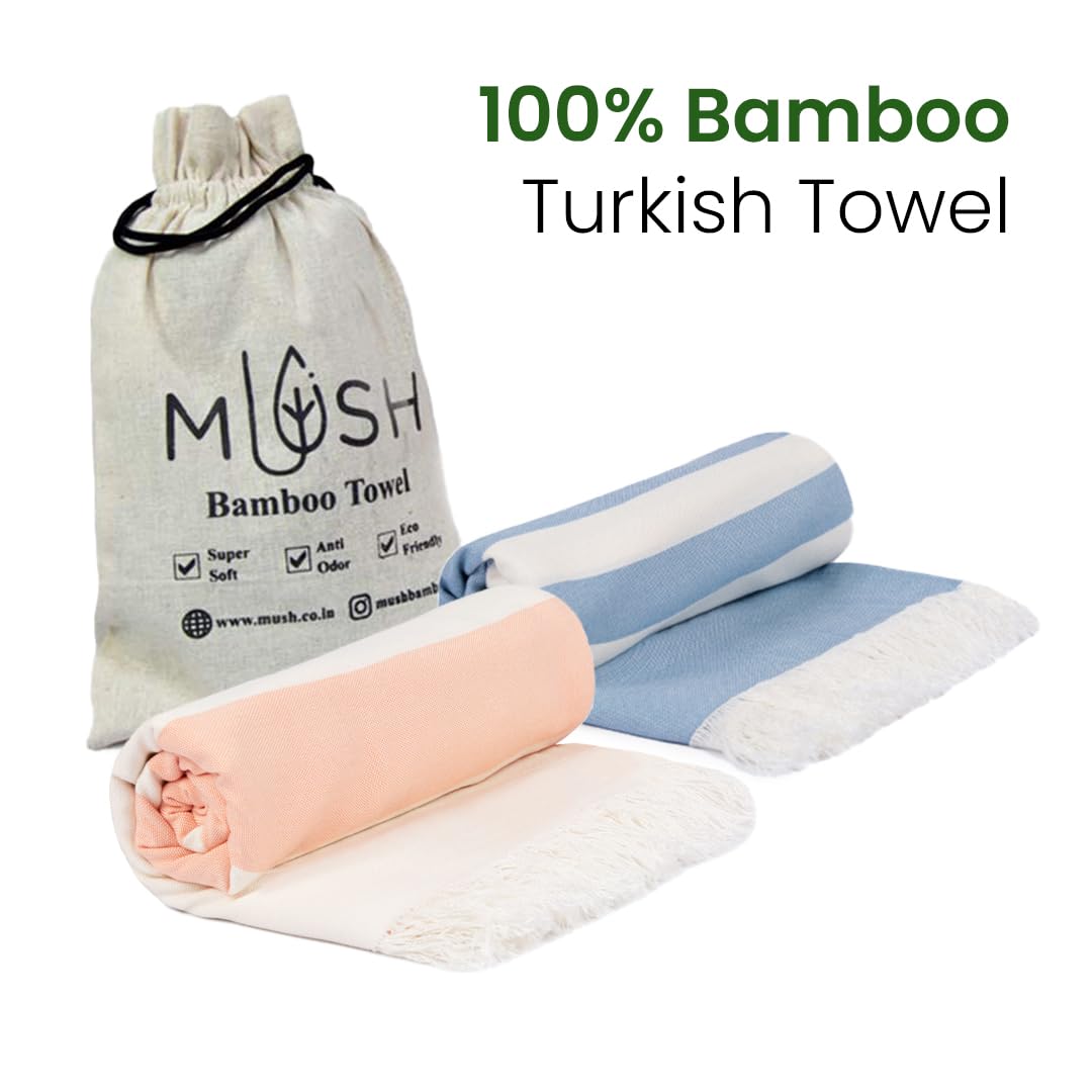 Mush 100% Bamboo Light Weight & Ultra-Compact Turkish Towel | Super Soft, 250 Tc, Absorbent, Quick Dry, Anti-Odor Bamboo Towel (2, Muted Blue & New Peach)