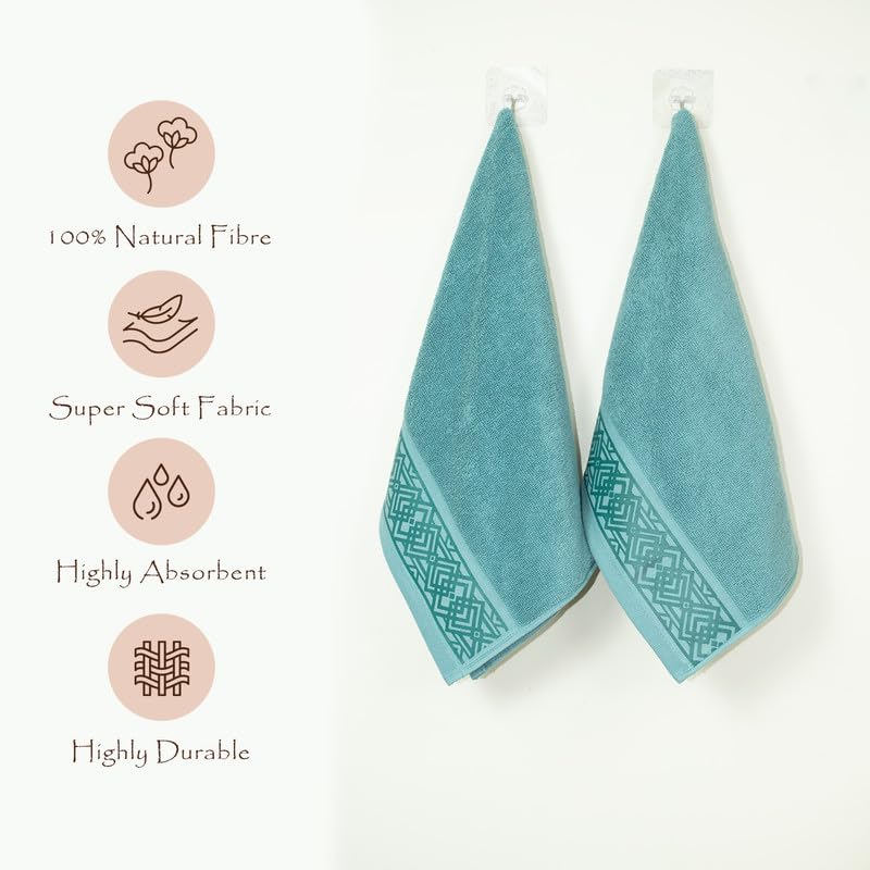 Rangoli 100% Cotton Fibre 2 Hand Towels 400 Gsm | Highly Durable & Absorbent Towel | Skin-Friendly & Quick Drying Luxury Towels (Blue) - Pack Of 2