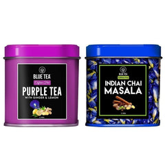 Blue Tea Combo Pack Of 2 X 50gm, 1.7 Ounce Each, 100 Cups - Purple Tea With Ginger & Lemon + Indian Masala Chai | Antioxidant Rich - Caffeine Free, Gluten Free, Non GMO | Tin Packaging