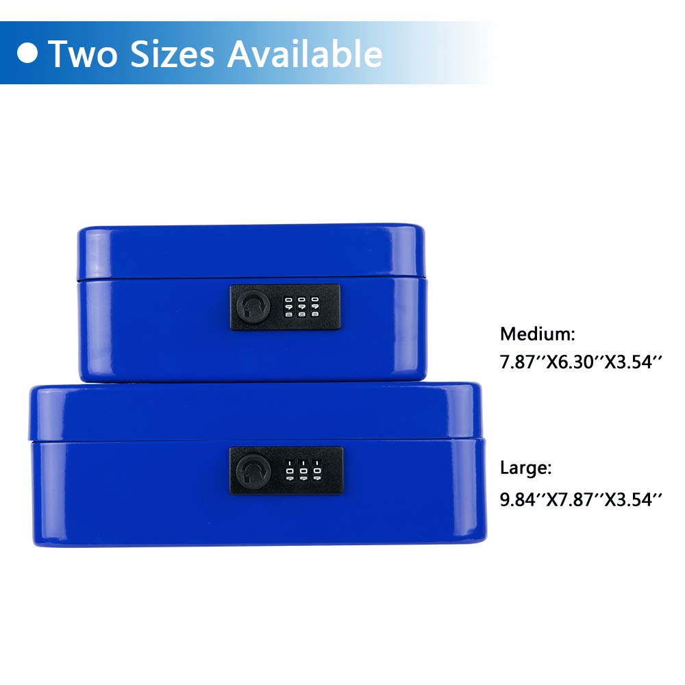 Medium Metal Cash Box With Combination Lock Safe & Money Tray For Security 7.87"X 6.30"X 3.54" Colour - Blue