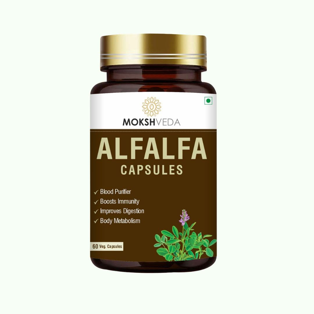 Mokshveda Alfalfa Capsule May Used For Bone & Joint Support Pain Relief, Immunity & Blood Purification | 60 Capsules, 100gm 0.2lbs