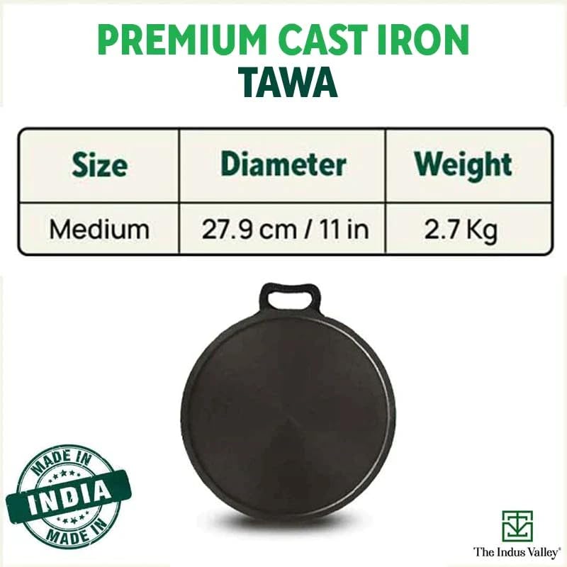 Super Smooth Cast Iron Tawa With Free Wooden Spatula For Dosa, Chapathi - 27.9cm, 11 Inch, 2.7 Kg | Induction Friendly, Naturally Nonstick, 100% Pure & Toxin-Free, No Chemical Coating