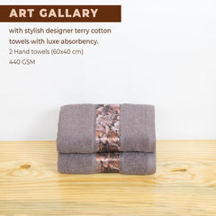 Rangoli 100% Cotton Fibre Hand Towels 440 Gsm | Highly Durable & Absorbent With Printed Border | Quick Drying Towels (Brown) - Pack Of 2