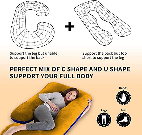J Shaped Pillow, Pregnancy Pillow For Maternity & Baby Nursing - Gold & Royal Blue | Pregnant Women Stomach, Spine, Neck Support, Velvet Outer Cover With Zip, Adjustable, Multipurpose Use