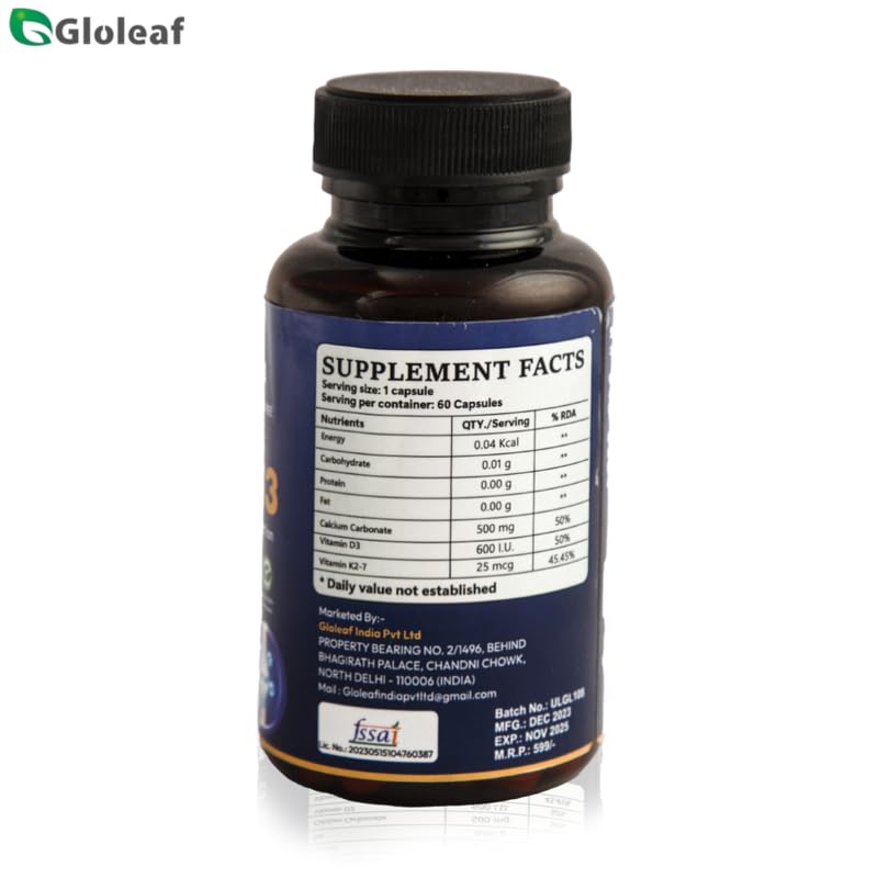 Gloleaf Vitamin D3 Supplement Plant Based Dietary Supplement Strengthens & Restores Bone Density | Suitable For Men & Women , 60 Veg Tablets , 100gm 0.2lbs