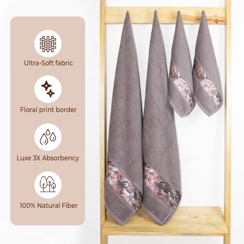 Rangoli 100% Cotton Fibre 2 Hand & 2 Bath Towels 1400 Gsm | Highly Durable & Absorbent With Printed Border | Quick Drying Towels (Brown) - Pack Of 4