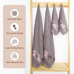 Rangoli 100% Cotton Fibre 2 Hand & 2 Bath Towels 1400 Gsm | Highly Durable & Absorbent With Printed Border | Quick Drying Towels (Brown) - Pack Of 4