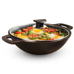 Super Smooth Black Cast Iron Kadai With Glass Lid - Medium, 10.2 Inch, 26 Cm, 2.5 Liters, 2.4 Kg | Naturally Nonstick, Pre-Seasoned Kadhai, 100% Pure & Toxin-Free, No Chemical Coating