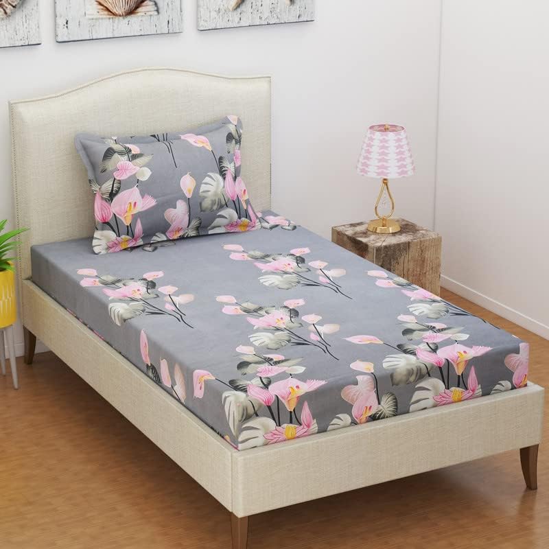 Premium Single Bed Sheet With 1 Pillow Covers For Single - 60 X 90 Inches, Grey & Pink | Super Soft Premium Brushed Glace Cotton Bedsheet