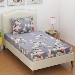 Premium Single Bed Sheet With 1 Pillow Covers For Single - 60 X 90 Inches, Grey & Pink | Super Soft Premium Brushed Glace Cotton Bedsheet