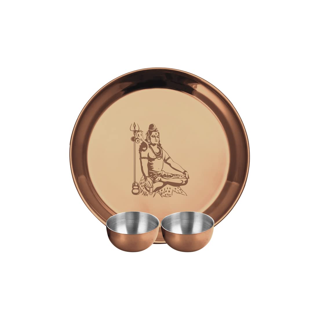 Stainless Steel Shiv Ji Pooja Thali Set Of 3, Rose Gold PVD Coating | 1 Pooja Thali+ 2 Katoris - Easy To Clean & Dishwasher Safe