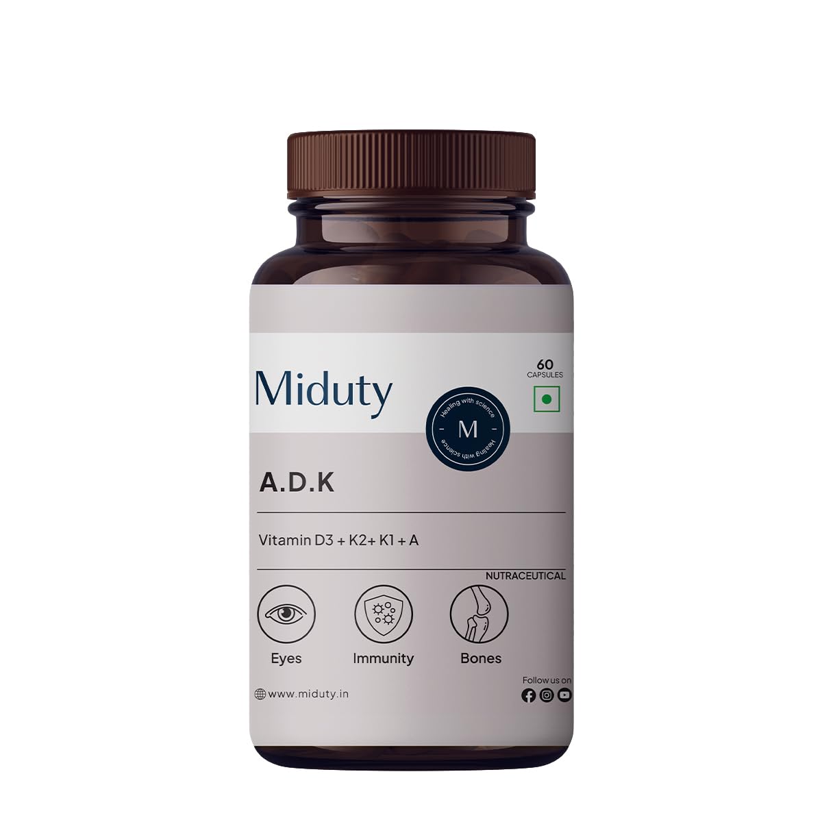 Miduty Vitamin Adk Multivitamin Contains Vitamin A - D3 - K2 Immunity Booster, Bone Strength, Healthy Heart , Supplement For Men & Women | 60 Capsules, 100gm 0.2lbs