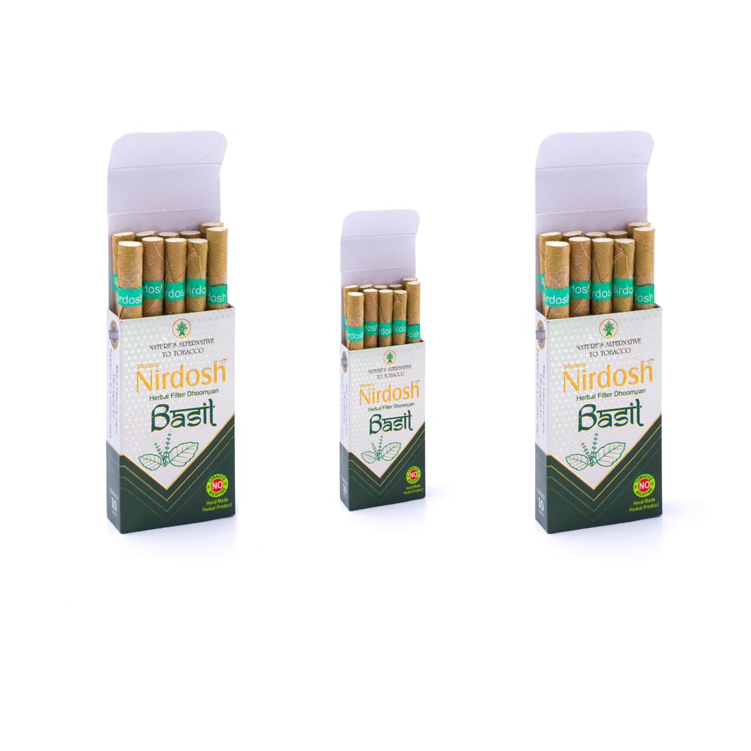 Basil Flavored Herbal Filter Dhoompan Sticks - Pack Of 3X 10 Pcs Herbal Cigarette | Bidi Sticks Rolled In Tendu Leaves, Non-Addictive Sticks - Tobacco Free & Nicotine Free