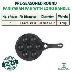 Super Smooth Black Cast Iron Paniyaram Pan With Long Handle & Glass Lid - 7 Pit, 21cm, 8.3 Inch, 1.9 Kg | Gas Compatible, Pre-Seasoned, 100% Toxin-Free, Naturally Nonstick