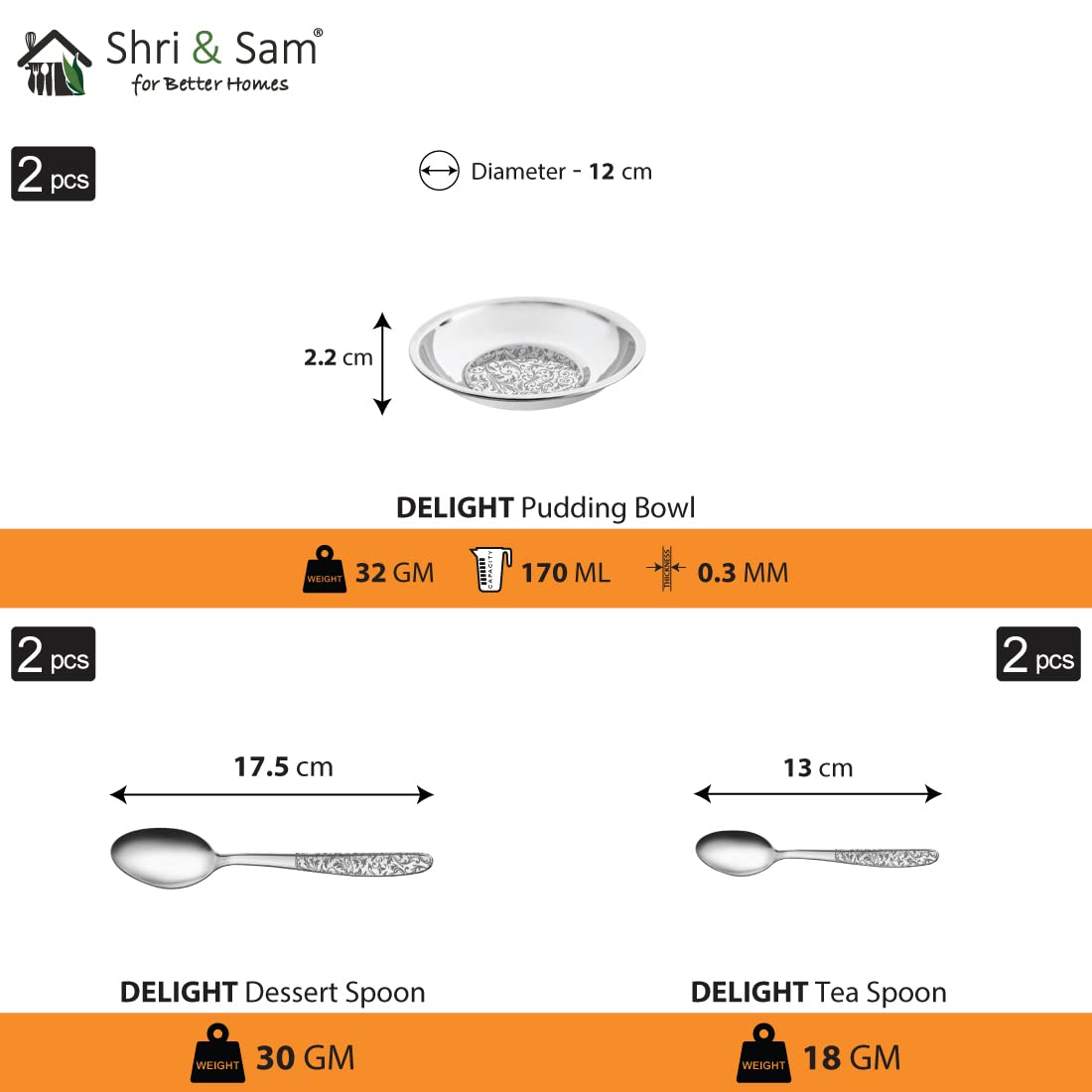 Designer Stainless Steel Delight Laser Bloom Dinner Set Of 12 Pieces, Silver | 2 Dinner Plates+ 2 Glasses+ 2 Bowls+ 2 Pudding Bowls+ 2 Dessert Spoons+ 2 Tea Spoons