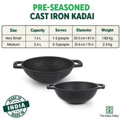 Pre-Seasoned Black Cast Iron Deep Kadai With Flat Handle - Very Small, 20.5cm, 8.1 Inch, 1.4 Liters, 1.8 Kg | Naturally Nonstick Wok Model Kadhai, 100% Pure & Toxin-Free, No Chemical Coating