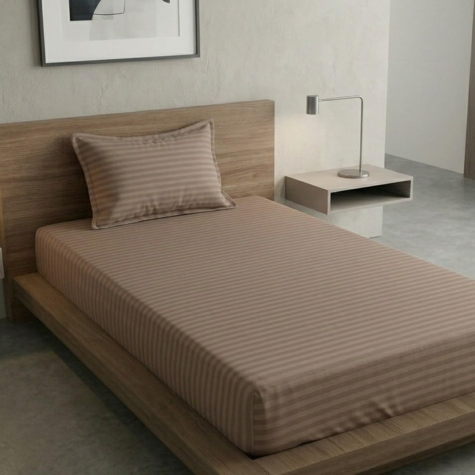 Cotton Beige Striped Single Bedsheet With 1 Pillow Cover - 55 X 90 Inches | Long-Lasting Color Comfortable Fabric Bedsheet