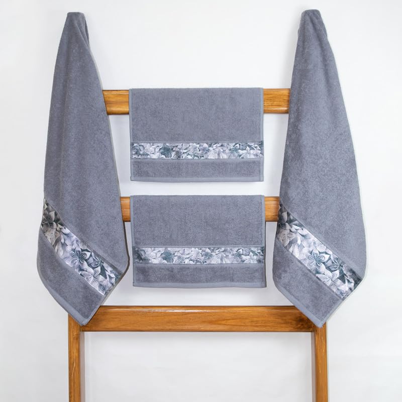 Rangoli 100% Cotton Fibre 2 Hand & 2 Bath Towels 1400 Gsm | Highly Durable & Absorbent With Printed Border | Quick Drying Towels (Grey) - Pack Of 4