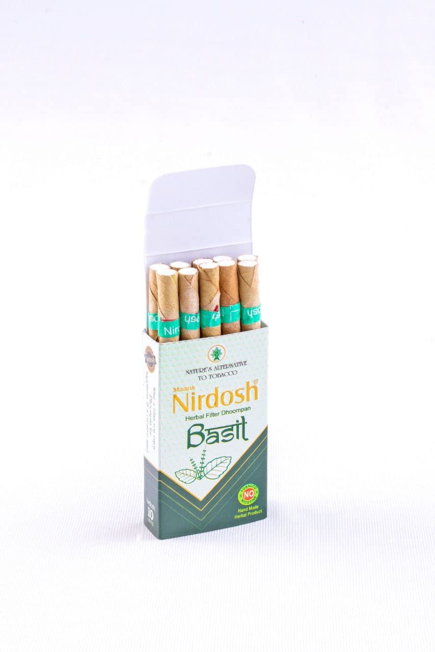 Basil Flavored Herbal Filter Dhoompan Sticks - 10 Pcs Herbal Cigarette | Bidi Sticks Rolled In Tendu Leaves, Non-Addictive Sticks - Tobacco Free & Nicotine Free