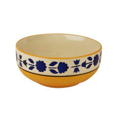 Studio Pottery Hand Painted Dinner Serving Bowl Set Of 4 - 1200ml+650ml+450ml+300ml, Yellow & Blue | Dinner Serving Donga Set - Stackable Kitchen Bowl Set