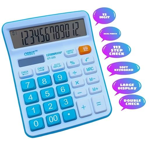 Adoere Solar & Battery Operated Calculator With 12-digit Large LCD Display & Buttons For School, Home, And Office (Ot-333) (Blue)