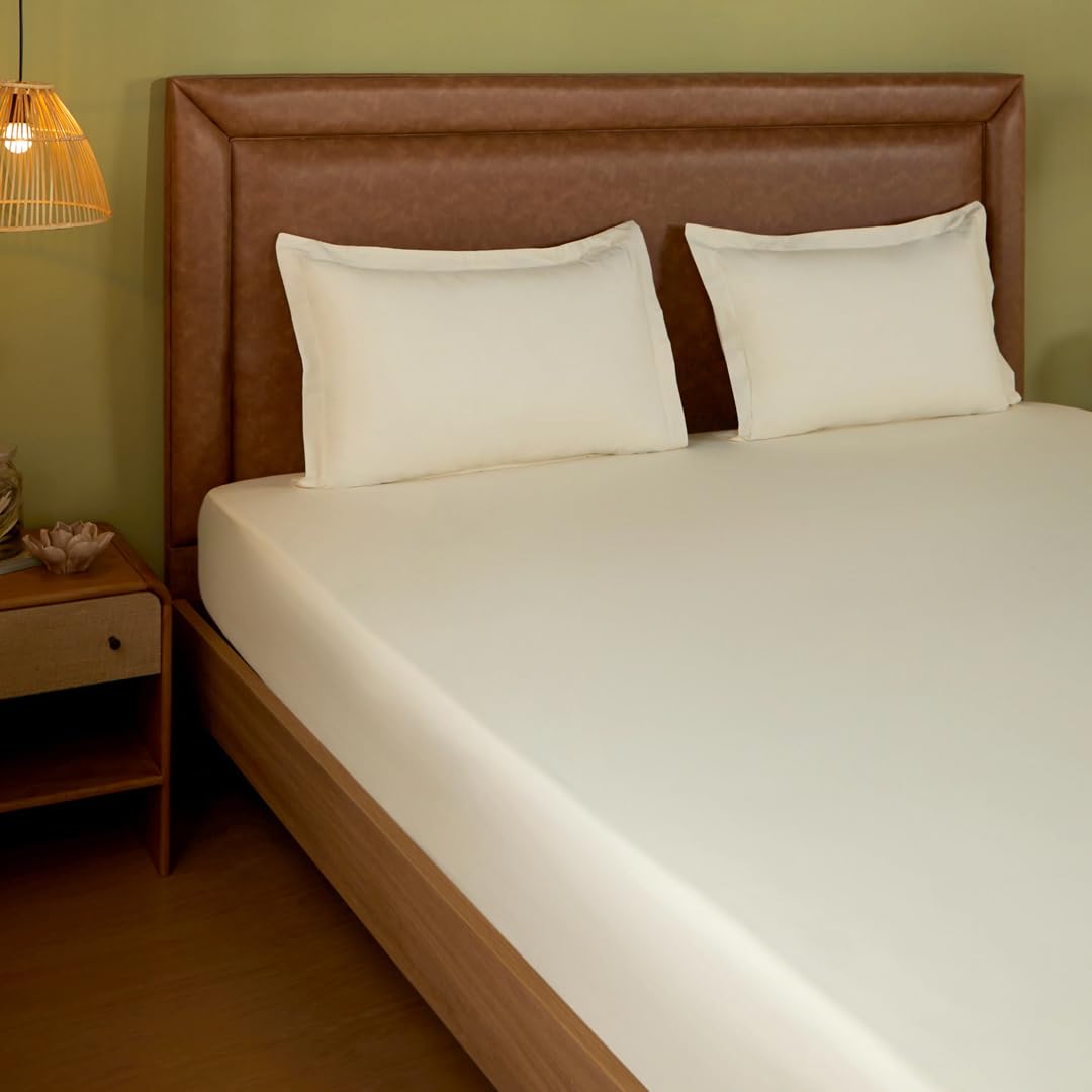 Plain Bedsheet For Double Bed King Size With 2 Pillow Covers - 72 X 78 Inches, Ivory | All Around Elastic Fitted Sheet | 100% Cotton, Soft & Breathable - Collection