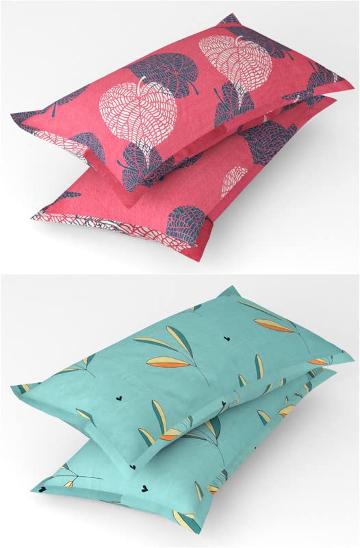 Double Bedsheet With 4 Pillow Covers - 88 X 90 Inches, Pink & Sea Green | Soft Brushed Glace Cotton - Long Lasting & Wrinkle Free | Prime Combo Pack Of 2 Bedsheet