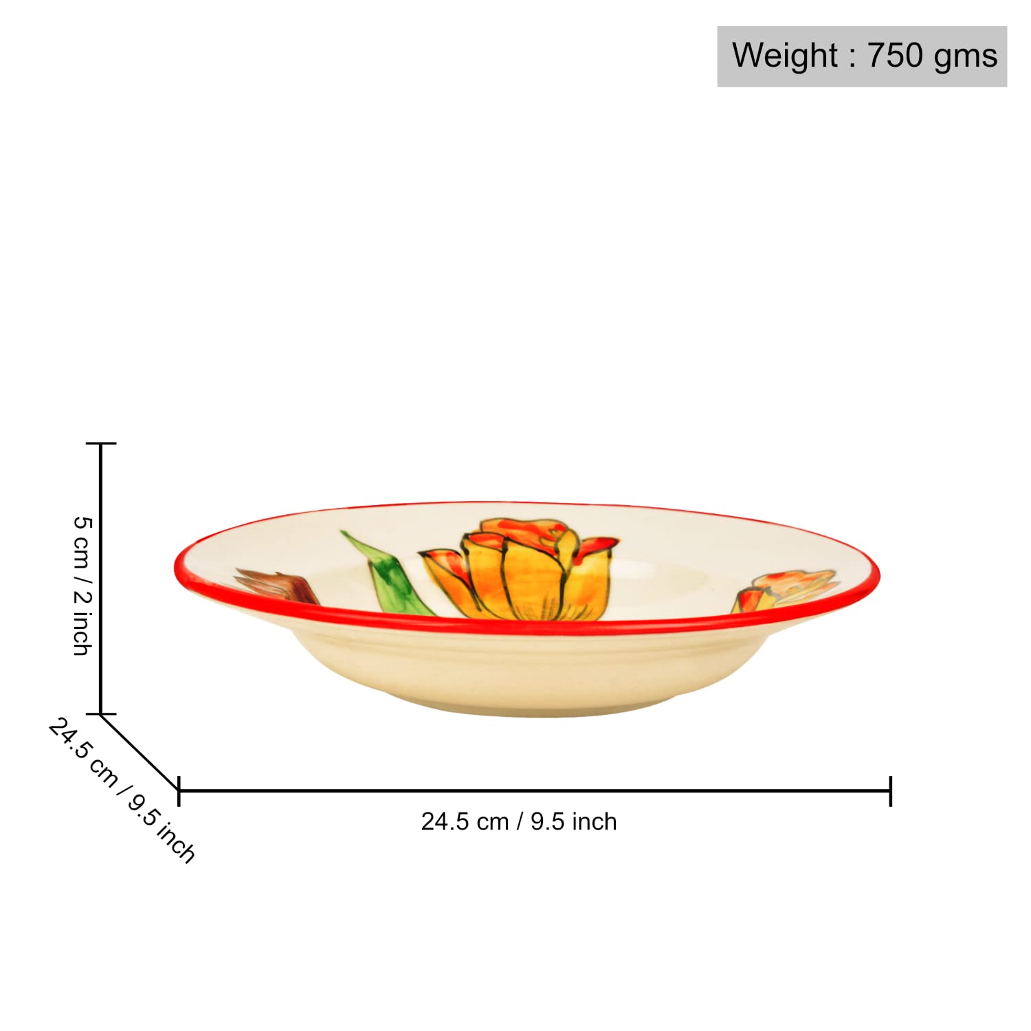 Hand Painted Premium Ceramic Floral Deep Pasta Plates Set Of 4 - Diameter: 9.5 Inches, Multicolor & Off White | Soup Plates - Ceramic Maggi Plates