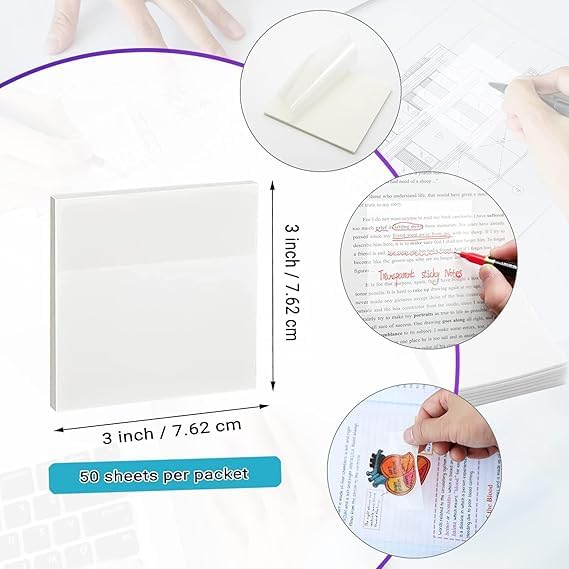 100 Sheets, White Transparent Sticky Note, Self-sticky Note Pads | Perfect For Students
