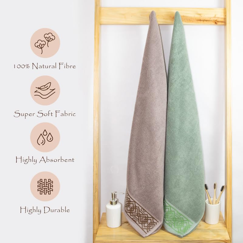 Rangoli 100% Cotton Fibre Bath Towel 1200 Gsm | Highly Durable & Absorbent Towel | Skin-Friendly & Quick Drying Luxury Towels (Green & Brown) - Pack Of 2