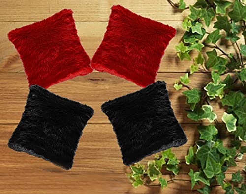 Small Fur Pillow, Cushions For Sofa - Red & Black Pillow, Standard Size - 12 X 12 Inches | Soft Pillow, Washable, Easy To Clean - Pack Of 4 | Best Pillow - Model 4