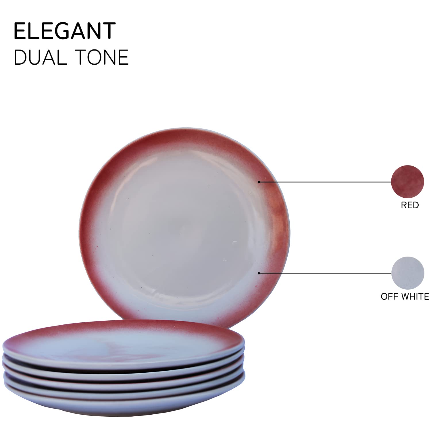 Ceramic Handcrafted Premium Serving Dinner Plates Set Of 6 - 10.6 Inches, Off White & Red | Stoneware - Dinnerware | Scratch Resistant, Microwave & Dishwasher Safe