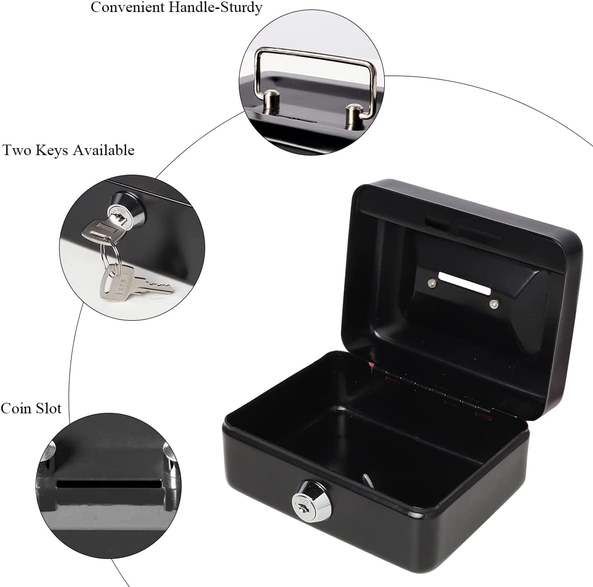Metal Cash Box With Money Tray, Small Cash Box With Key Lock, Money Slot, Money Coin Safe Security Box Household For Home Office Hotel Business Use, Colour - Black