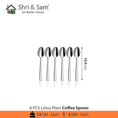 Stainless Steel Lotus Plain Coffee Spoon Set Of 6 Pieces, Silver | Easy To Clean & Dishwasher Safe