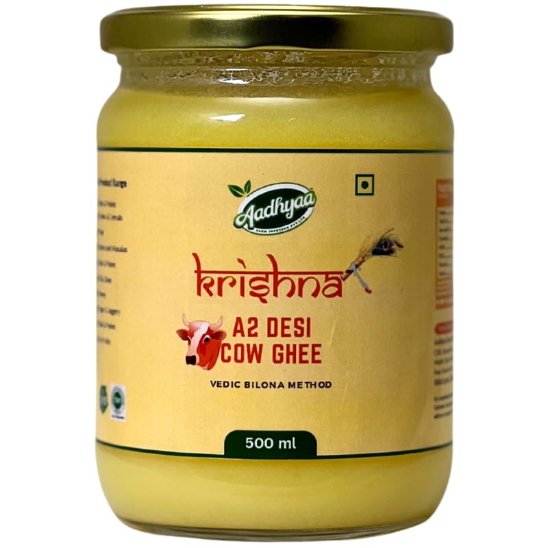 Organic Krishna A2 Desi Cow Ghee By Aadhyaa | Vedic Bilona Method Hand Churned Cultured Ghee Good For Boost Energy | (500ml) 16.9 Ounce | Jar Pack