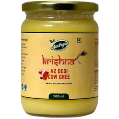 Organic Krishna A2 Desi Cow Ghee By Aadhyaa | Vedic Bilona Method Hand Churned Cultured Ghee Good For Boost Energy | (500ml) 16.9 Ounce | Jar Pack