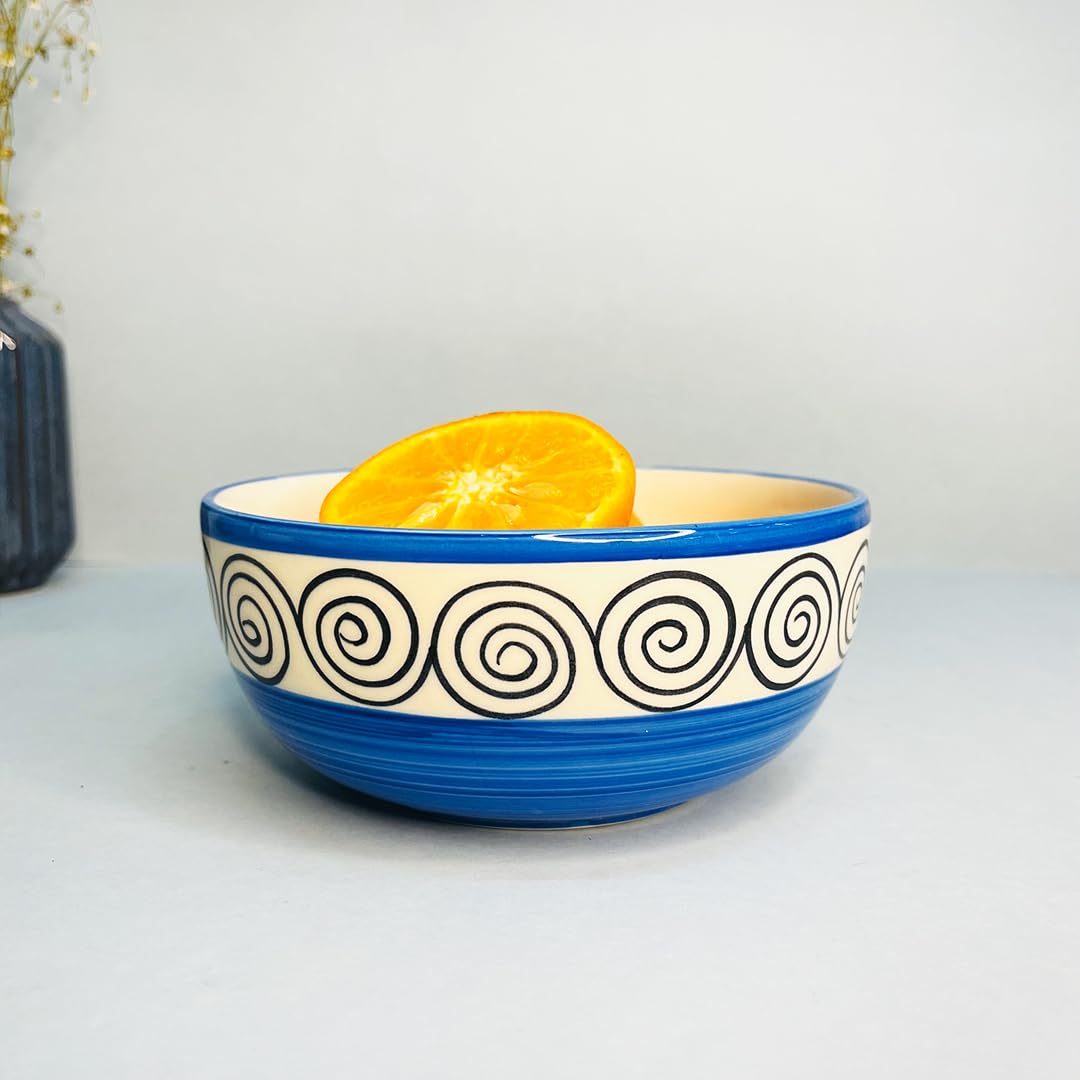 Blue Swirl Ceramic Serving Bowl Set Of 2 Pieces, 800ml Each | Hand Painted Large Dining Serving Bowls For Serving - Microwave Safe & Dishwasher Safe