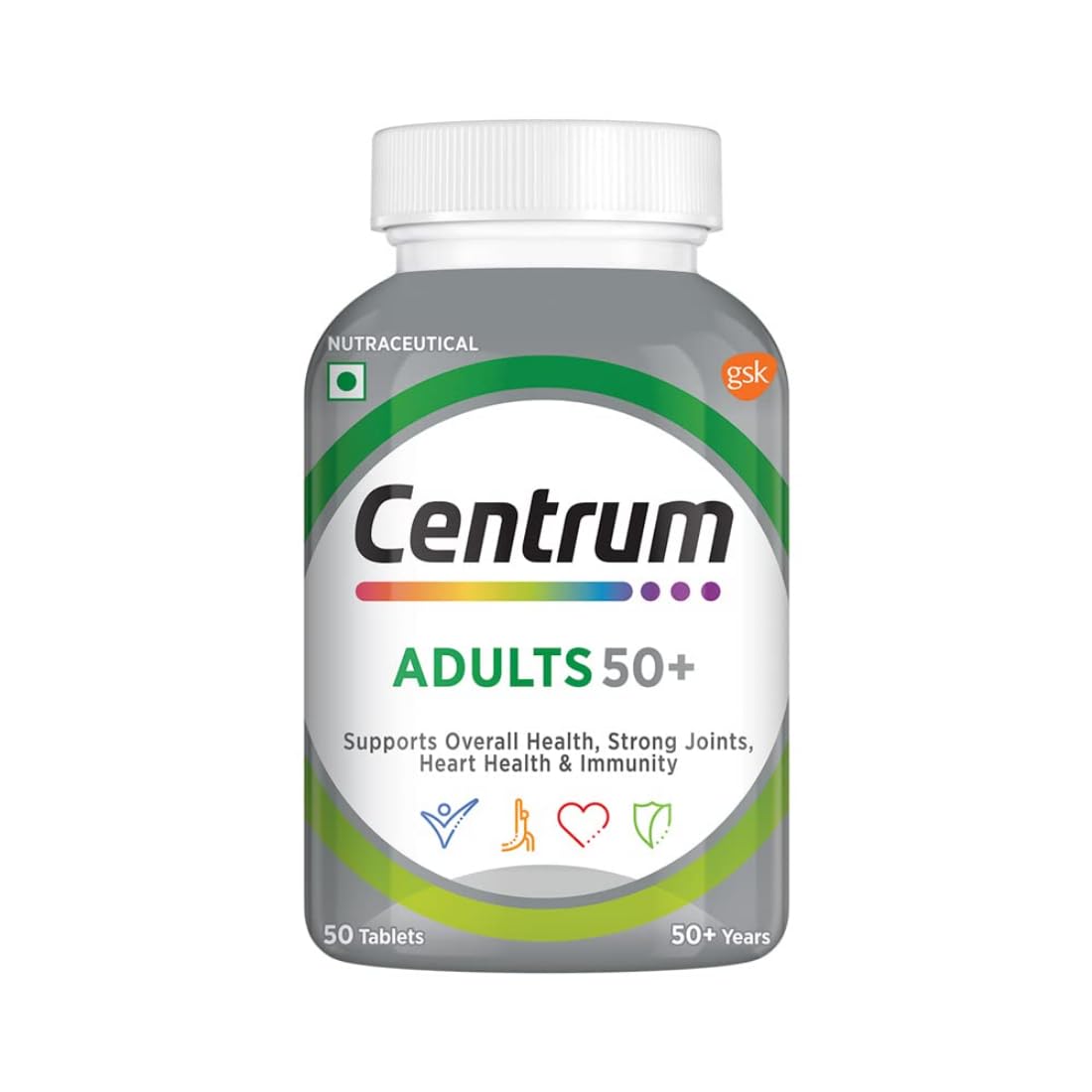 Centrum Adult 50+, World's No.1 Multivitamin With Calcium , Vitamin D3 & 21 Other Nutrients For Overall Health, Strong Joints & Heart Health | 50 Veg Tablets , 100gm 0.2lbs