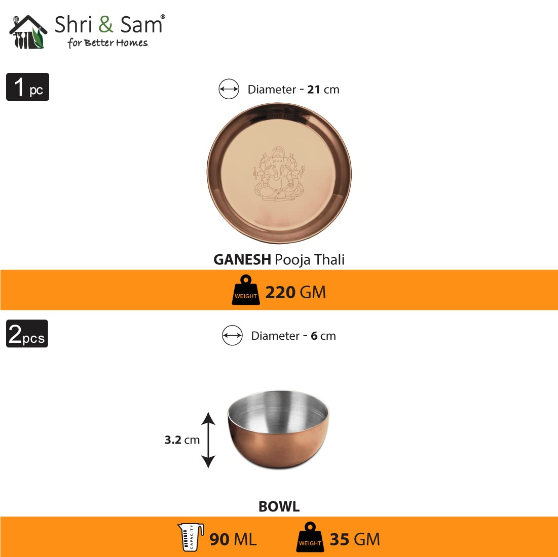 Stainless Steel Ganesh Pooja Thali Set Of 3, Rose Gold PVD Coating | 1 Pooja Thali+ 2 Katoris - Easy To Clean & Dishwasher Safe