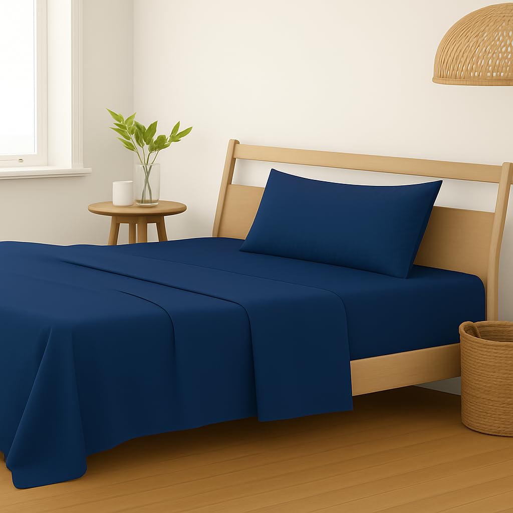 Plain Single Size Bedsheet With 1 Pillow Cover - 54 X 90 Inches, Navy Blue | Breathable & Skin-Friendly - Suitable For Use All Year Long | Ideal Gift For Weddings