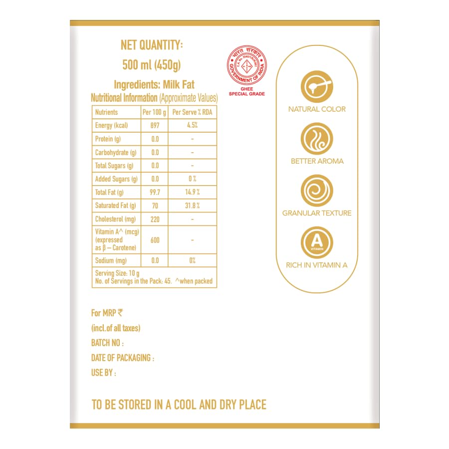 100% Pure Gir Cow Ghee By Mother Dairy | Good Source Of Energy Healthy & Nutrients Desi Cow Ghee Perfect For Muscles | (500ml) 16.9 Ounce | Jar Pack