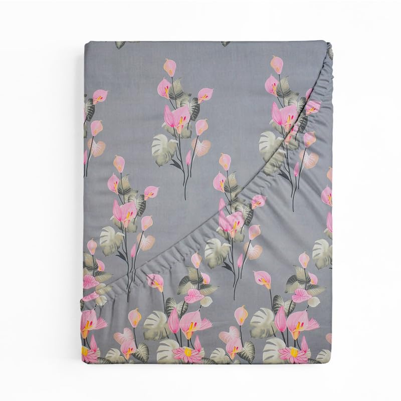 Printed Double Bedsheets With 2 Pillow Covers - Size-78x72+10 Inches, Grey & Pink | King Size Bed With All Around Elastic Breathable Long Lasting